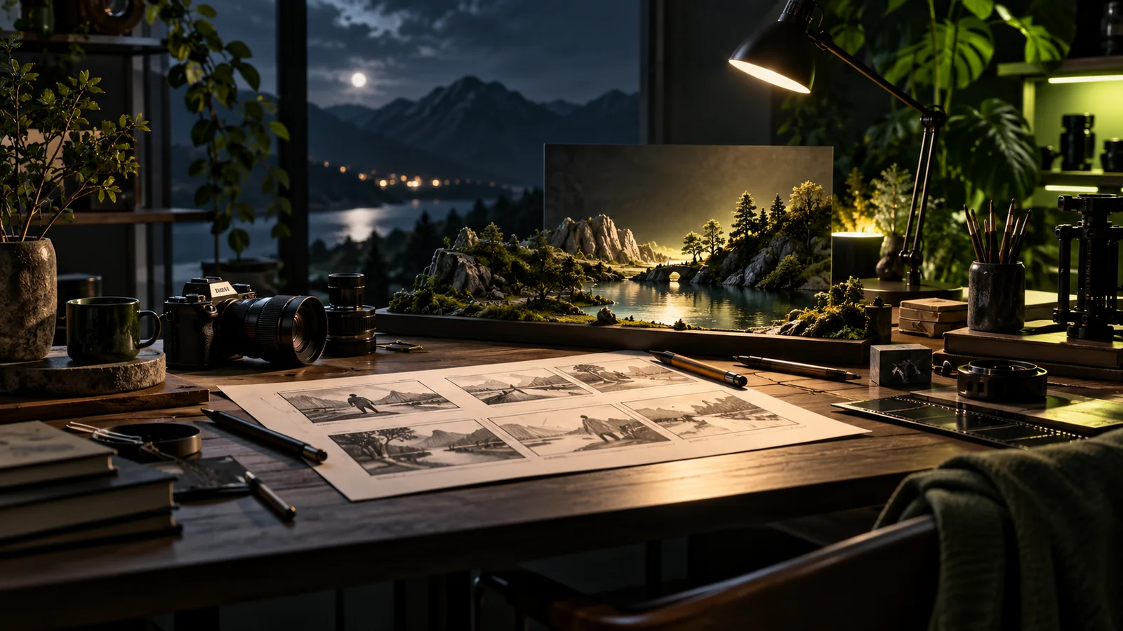A small filmmaking workspace with a camera and storyboard materials.