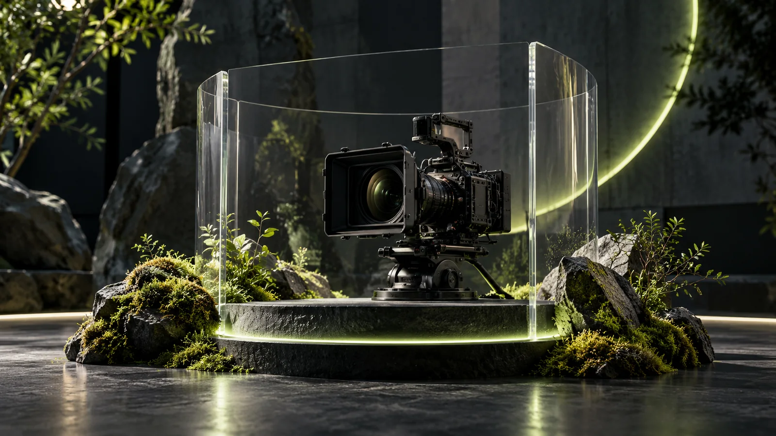 A camera behind a transparent protective studio screen.