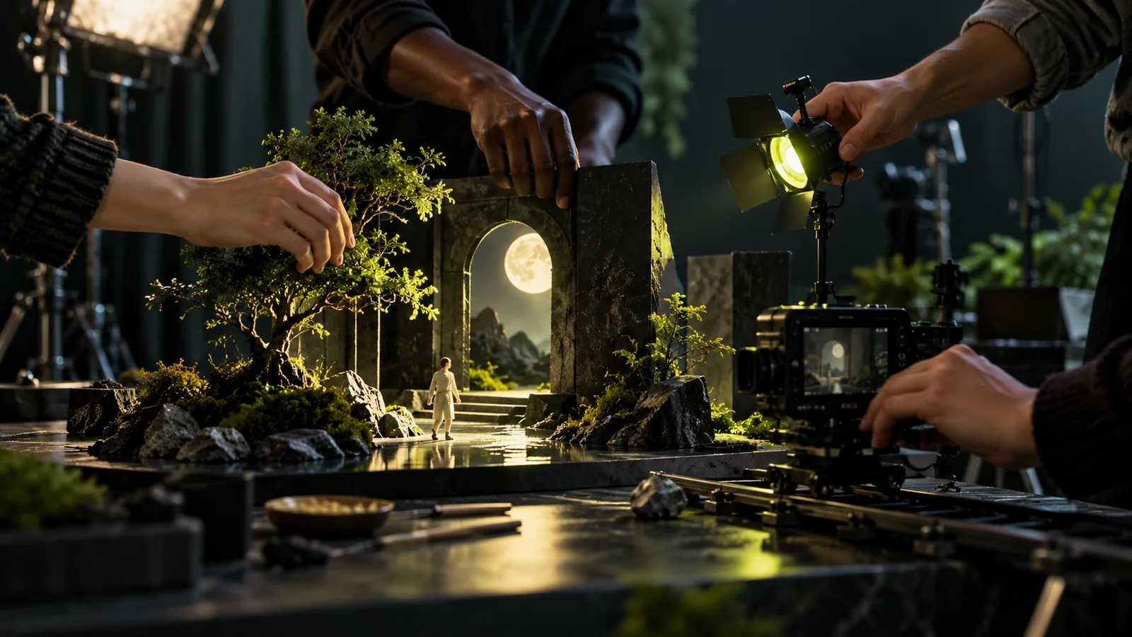 Creators collaborate around a miniature film set.