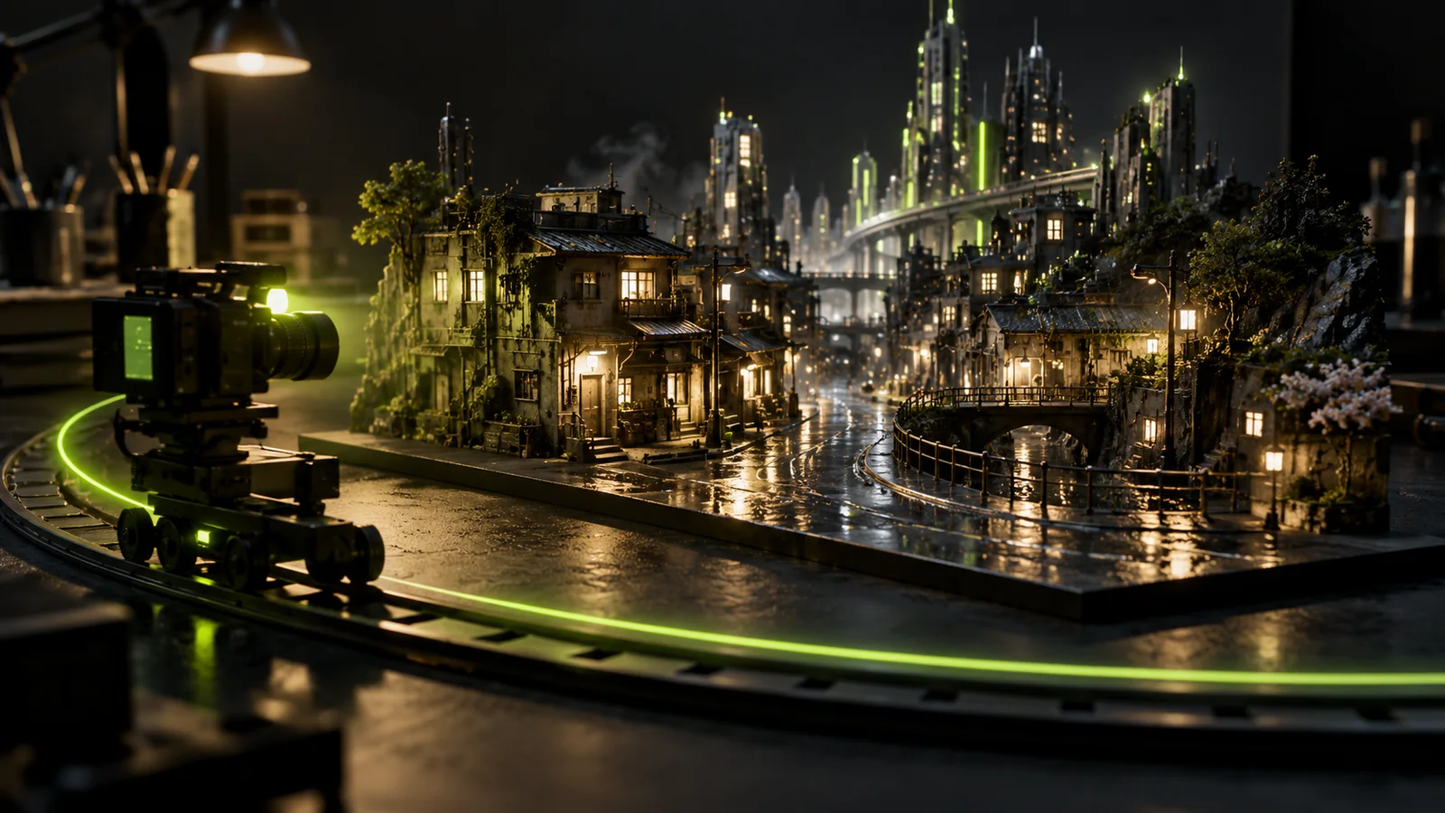 A miniature rainy city and a camera rail illustrate planning a cinematic shot.