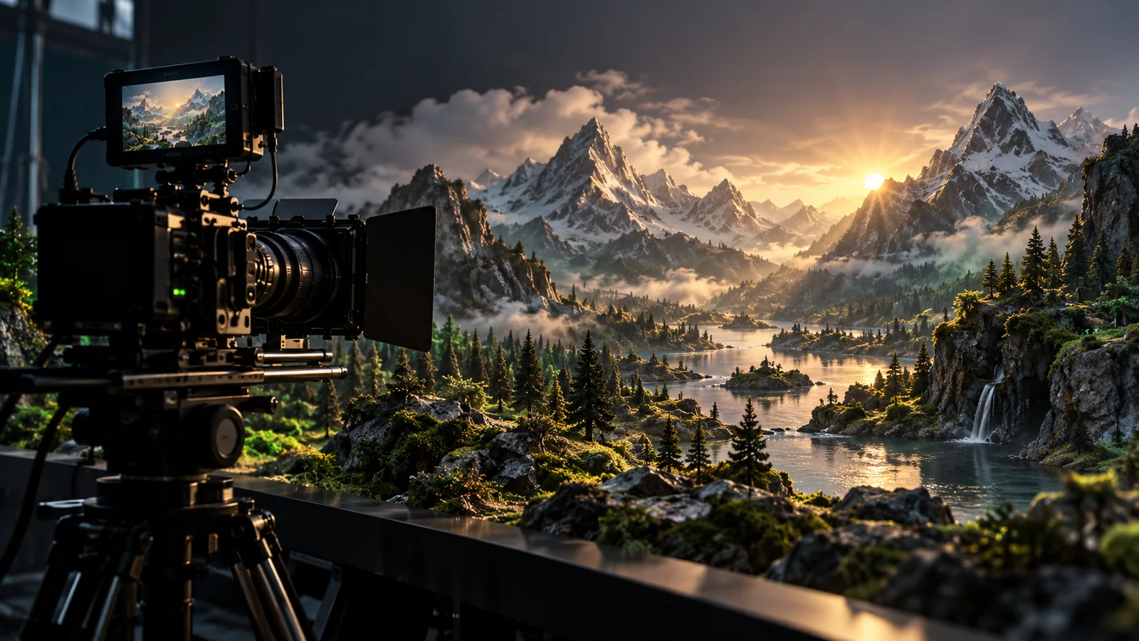 كاميرا سينمائية تصور منظراً مصغراً في استوديو.