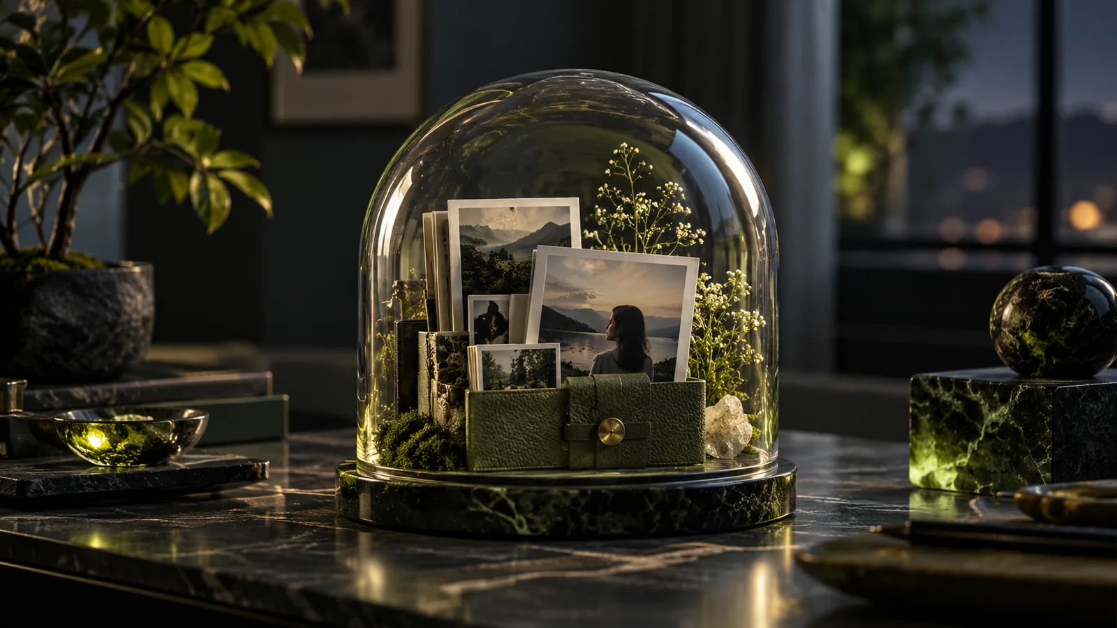 A transparent protective dome encloses a small photo archive.