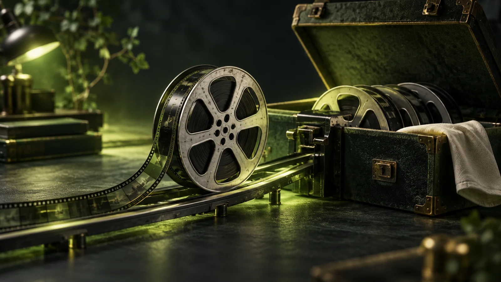 A film reel returns along a curved track toward an archival case.