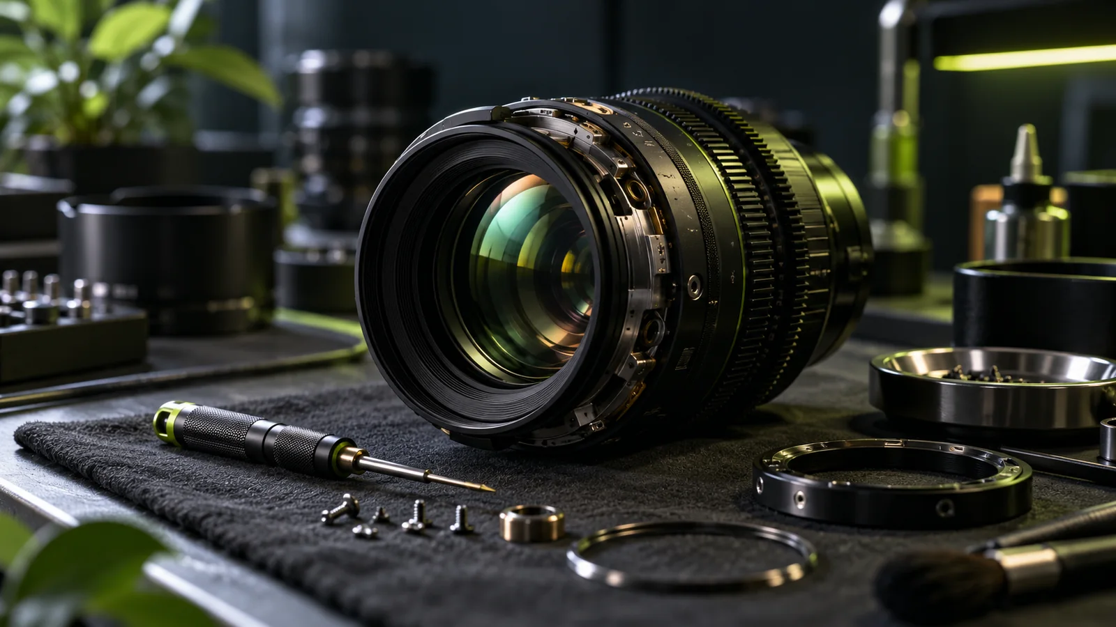 A camera lens and precision tools on a repair workbench.